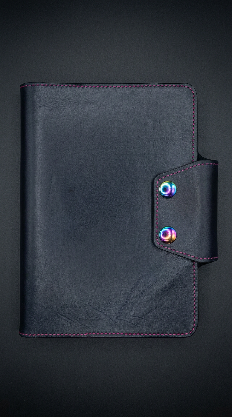 The A5 Everyday Journal Cover in hand-dyed navy leather with raspberry stitching and iridescent snaps