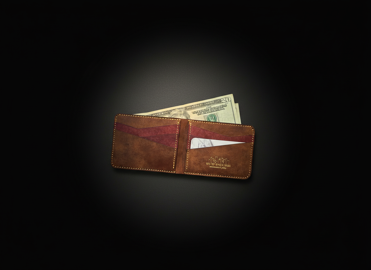 The Essential Bifold open with cash showing two-tone leather and card slots