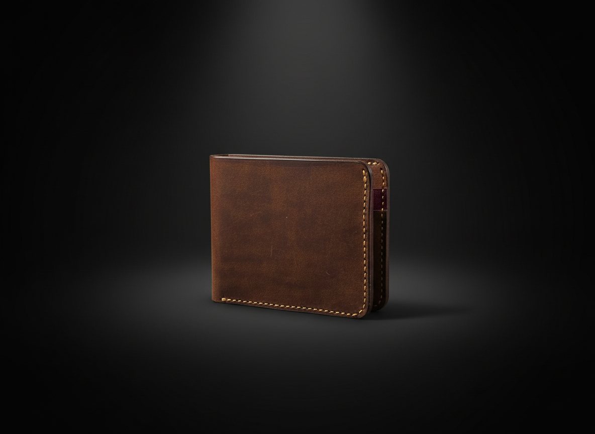The Essential Bifold standing open showing brown leather exterior with contrast stitching