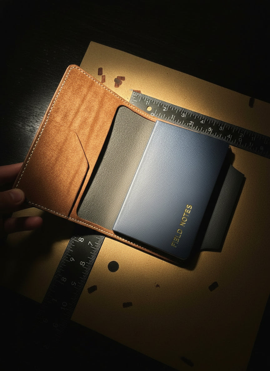 Open leather pocket journal cover showing flap pocket interior with Field Notes notebook