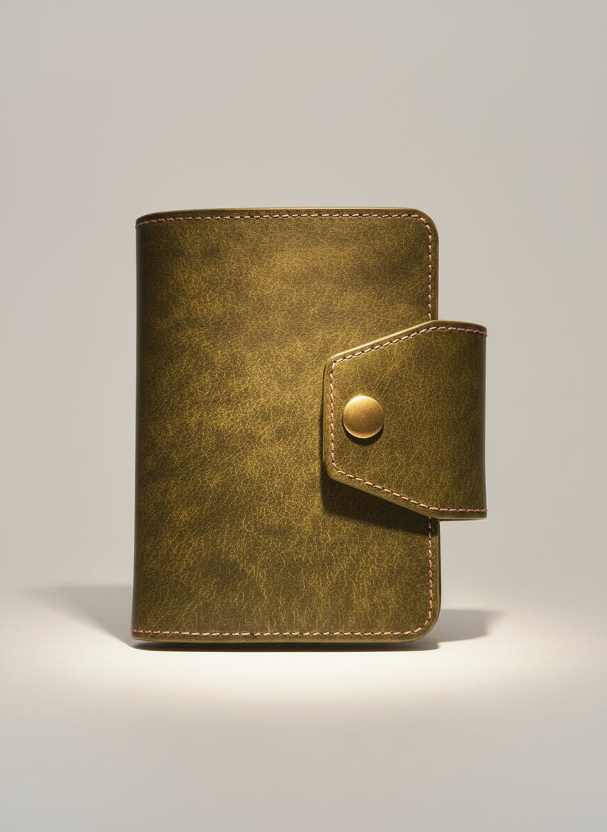 Olive Pueblo leather pocket journal cover with pink contrasting stitching and brass snap closure