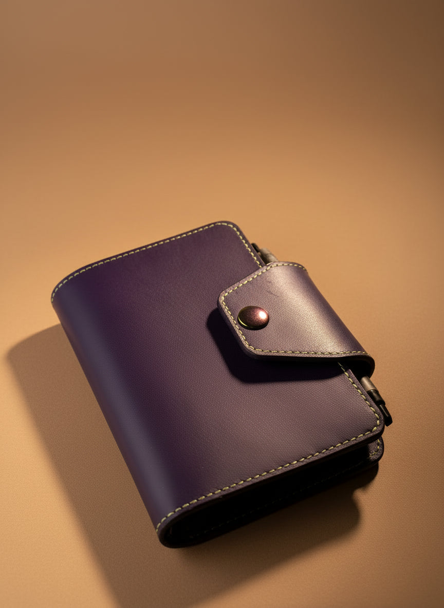 Hand-dyed Vachetta pocket journal cover in purple with iridescent snap and pen loop