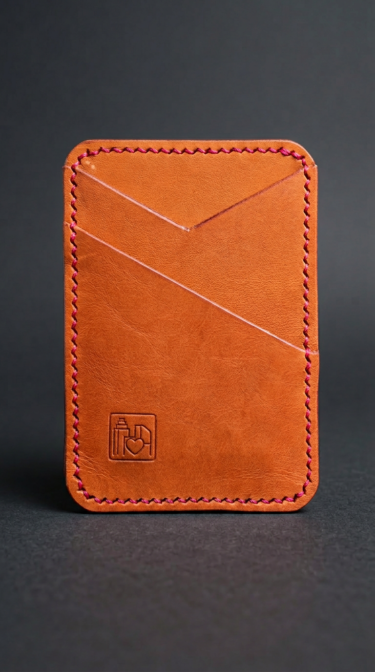 The Flip Side Magic Wallet in Minerva Box olmo leather with magenta saddle stitching and Art by Steph Chan maker's mark