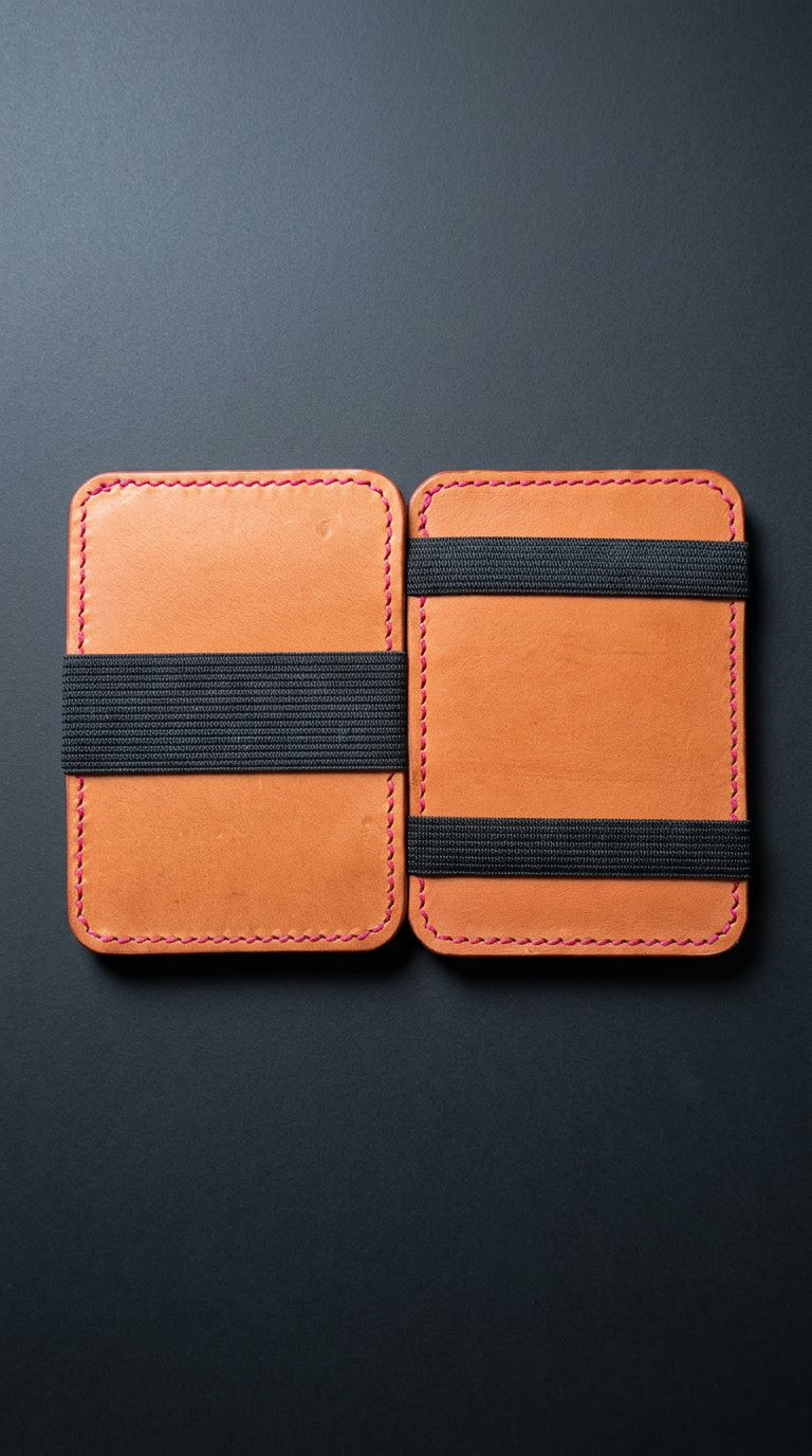 The Flip Side Magic Wallet interior showing elastic band mechanism and olmo Minerva Box leather panels with magenta stitching