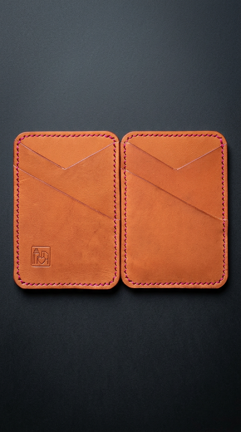 The Flip Side Magic Wallet open flat showing both panels with chevron card pockets in olmo Minerva Box leather