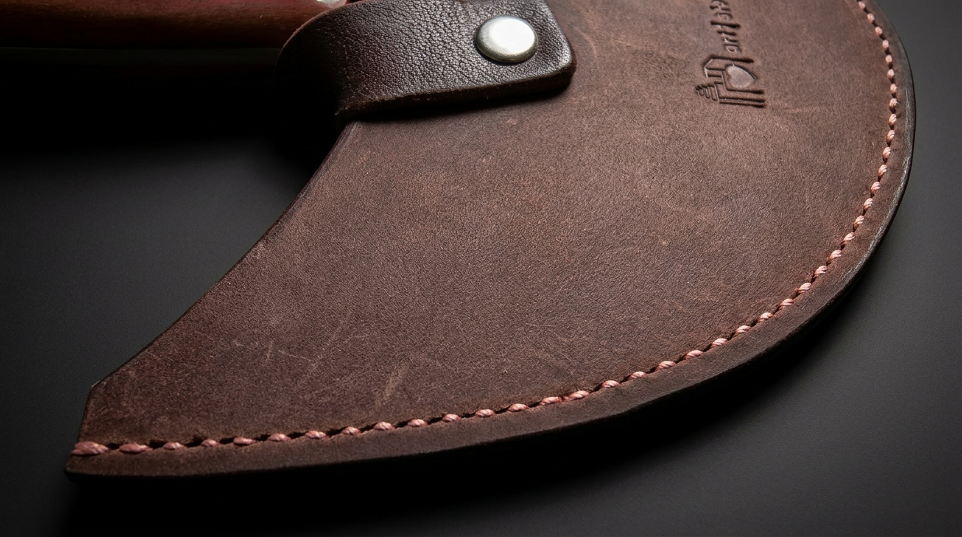 Hand-stitched edge and burnished leather on knife sheath