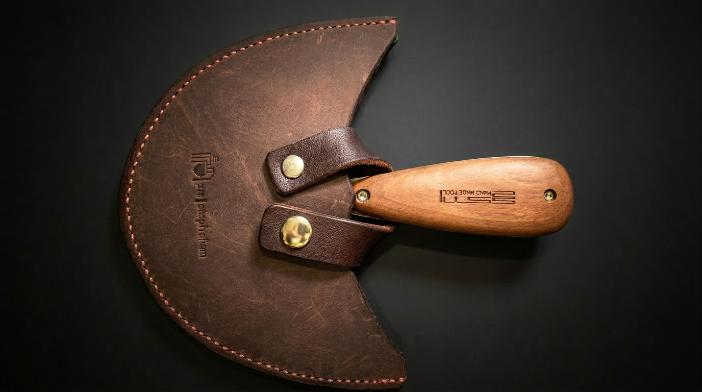Leather knife sheath horizontal view showing stamped logo and snap closure
