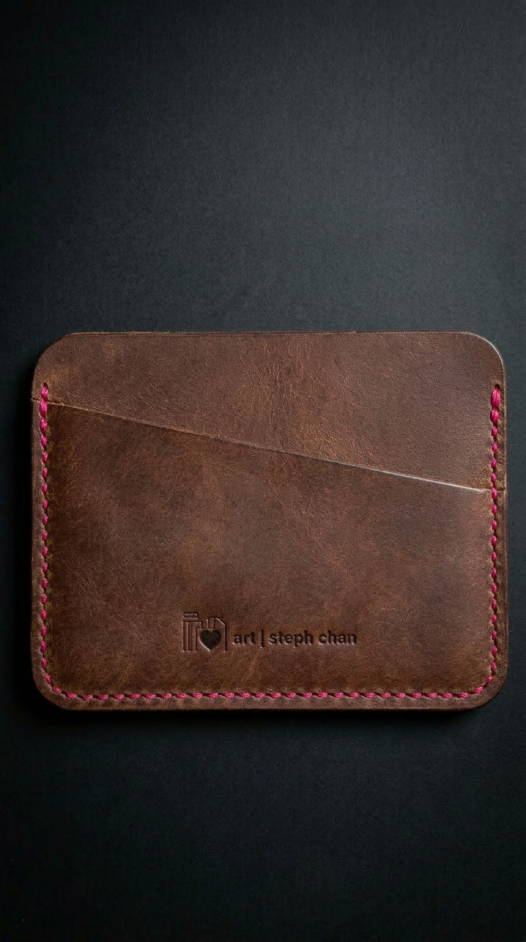 The Portrait Card Holder back view showing Art by Steph Chan maker's mark in Tobacco Pueblo leather with raspberry stitching