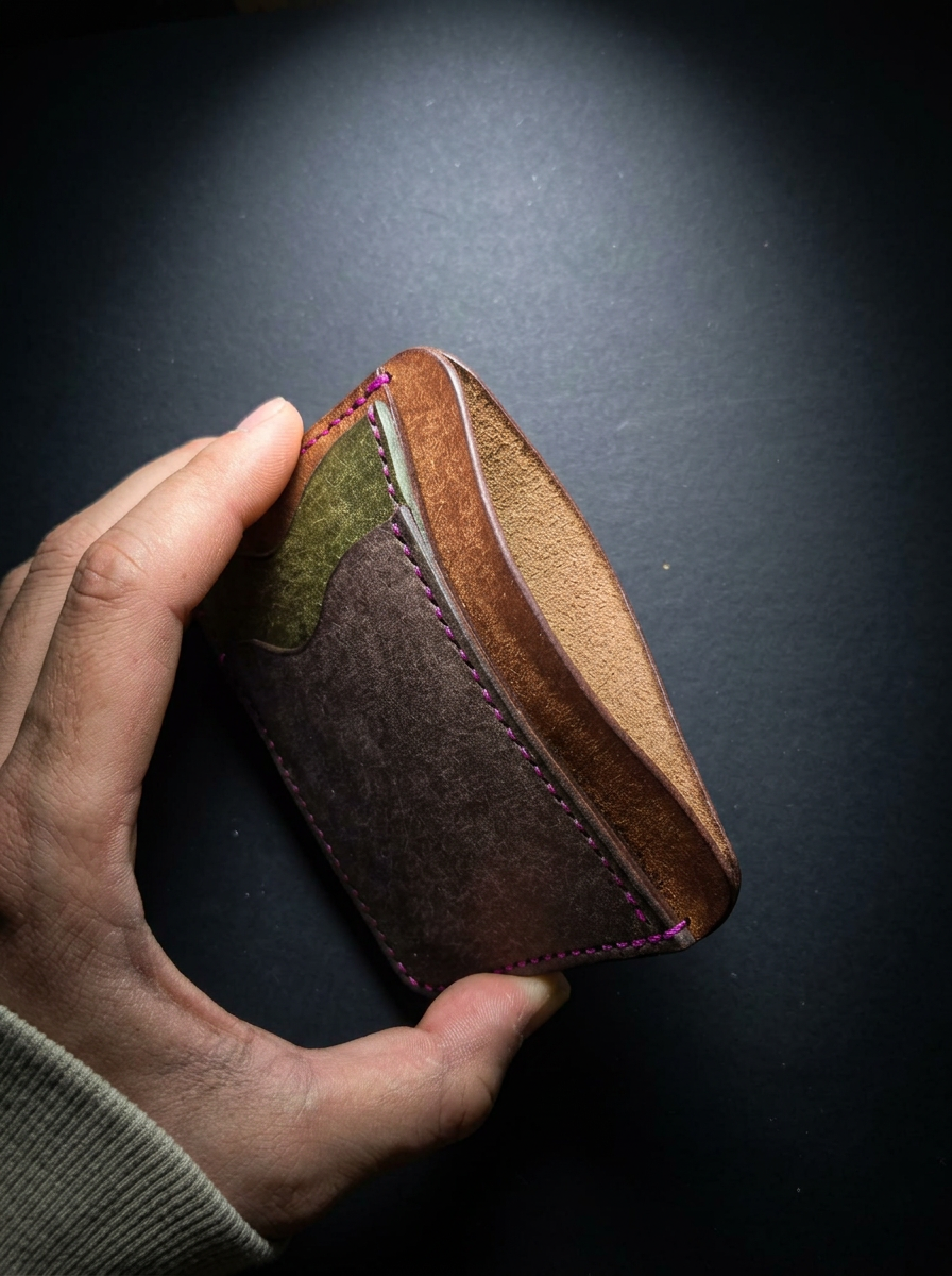 Portrait Card Holder held open in hand showing multi-color leather interior and card slots