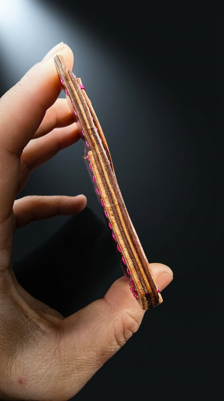 The Portrait Shell Cordovan - side profile held in hand showing slim construction and stitch detail