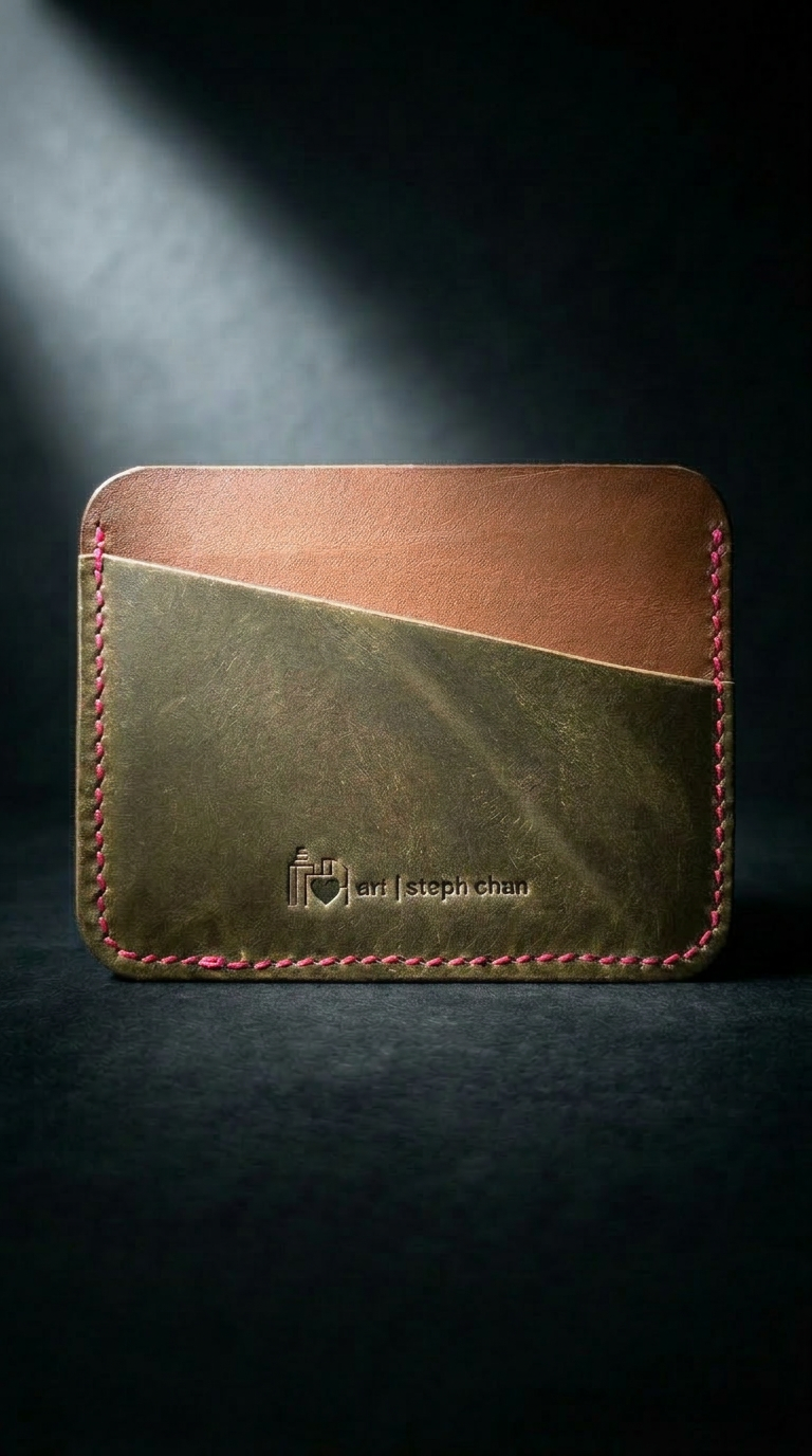 The Portrait Shell Cordovan - front view showing olive and brown Horween shell cordovan with Art by Steph Chan stamp and raspberry stitching