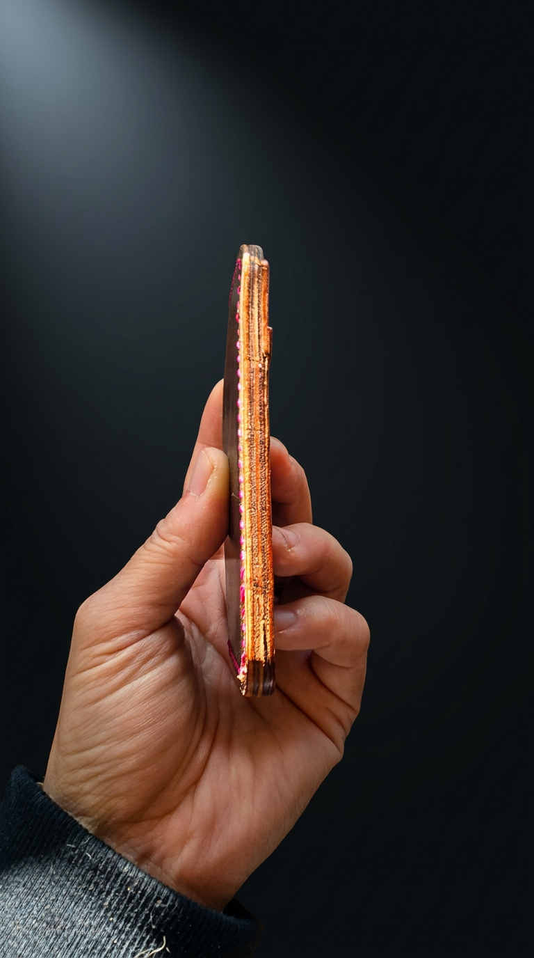 The Portrait Shell Cordovan - spine detail showing layered leather construction and raspberry stitching