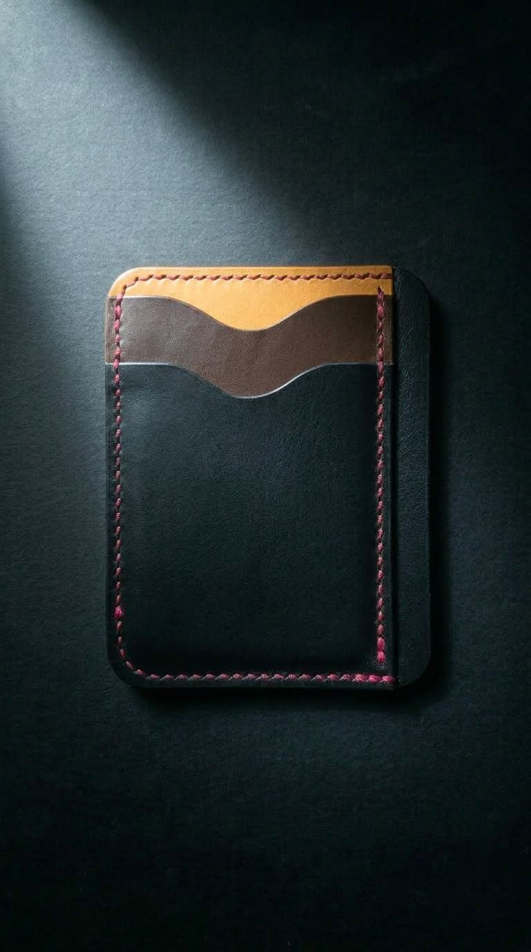 The Portrait Shell Cordovan - black exterior with tan and brown interior panels and raspberry saddle stitching