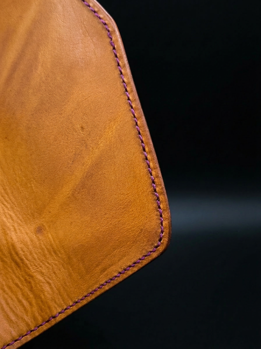 Restored orange leather corner with clean purple stitching